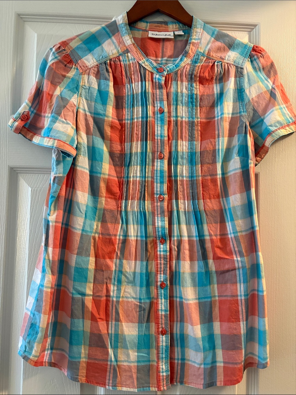 St. John’s Bay Plaid Button-Front Short Sleeve Shirt - Coral & Aqua
